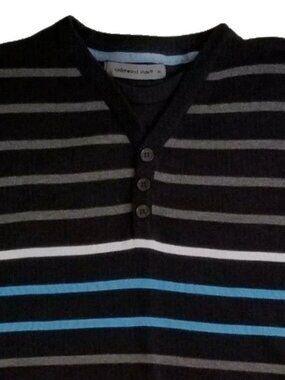Cedarwood State Sweater Men XL Black Striped Henley Mock Neck Layered Look